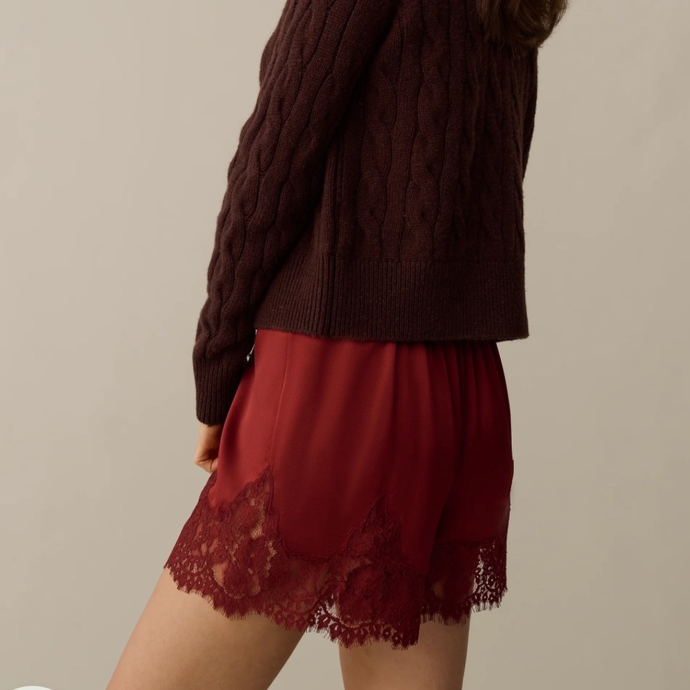Sorella Rose Silk Lace Trim High Waist Burgundy Shorts - Picture 6 of 8